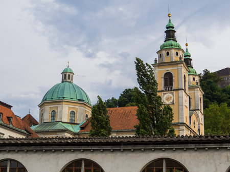 View of Saint Nicholas Cathedral. In Ljubljana, Sloveniaの写真素材