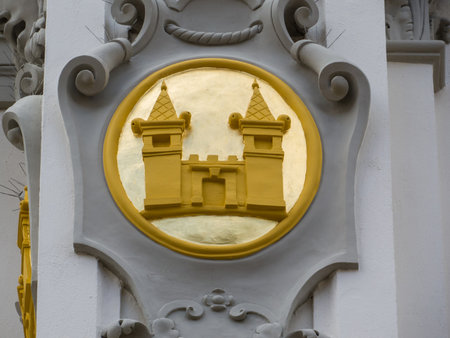 Close up of coat of arms in the old town of Ljubljana, Sloveniaの写真素材