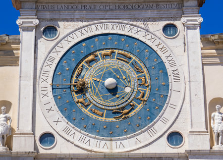 Close up of the Clock Tower (Italian: Torre dell'Orologio) in Padua, Italyの写真素材
