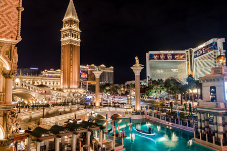 Las Vegas Strip and Venetian Hotel Casino at night - Las Vegas, Nevada, USAのeditorial素材
