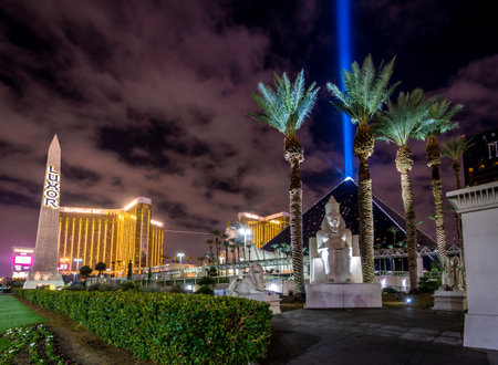 Luxor Hotel and Sky Beam at night - Las Vegas, Nevada, USAのeditorial素材