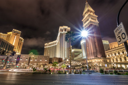Las Vegas Strip and Venetian Hotel Casino at night - Las Vegas, Nevada, USAのeditorial素材