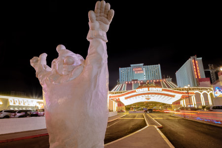 Clown at Circus Circus Hotel and Casino entrance at night - Las Vegas, Nevada, USAのeditorial素材