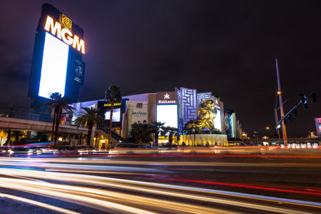 Las Vegas Strip and MGM Grand Casino at night - Las Vegas, Nevada, USAのeditorial素材