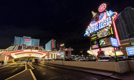 Circus Circus Hotel and Casino entrance at night - Las Vegas, Nevada, USAのeditorial素材