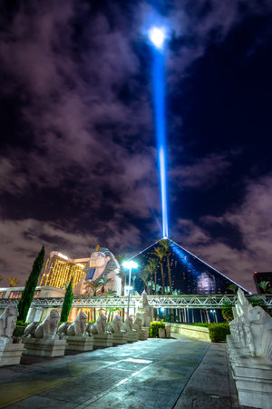 Luxor Hotel and Sky Beam at night - Las Vegas, Nevada, USAのeditorial素材