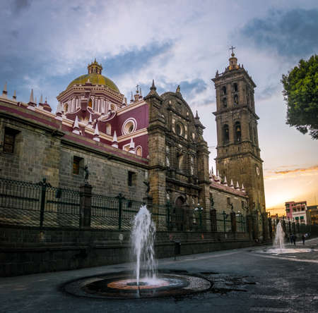 Puebla Cathedral at sunset - Puebla, Mexicoの写真素材