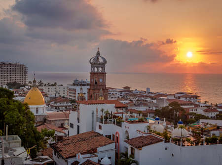 Aerial view of Downtown Puerto Vallarta at sunset - Puerto Vallarta, Jalisco, Mexicoの写真素材