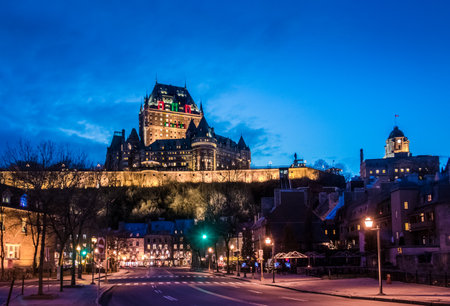 Lower Old Town (Basse-Ville) and Frontenac Castle at night - Quebec City, Quebec, Canadaのeditorial素材