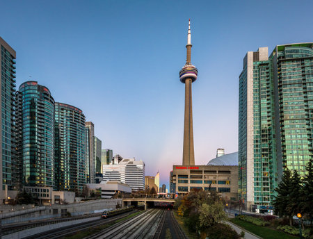 CN Tower and the Rogers Center - Toronto, Ontario, Canadaのeditorial素材