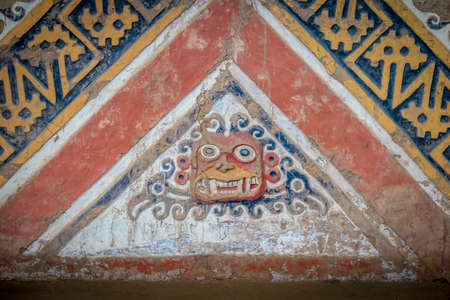 Detail of ancient wall at Huaca de la Luna in Trujillo, Peru