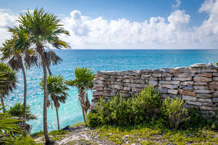Maya wall bad, Caribbean sea and Palm Trees - Tulum, Mexicoの写真素材