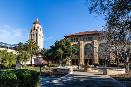 Stanford University Campus and Hoover Tower - Palo Alto, California, USAのeditorial素材