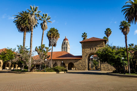 Stanford University Campus and Hoover Tower - Palo Alto, California, USAのeditorial素材