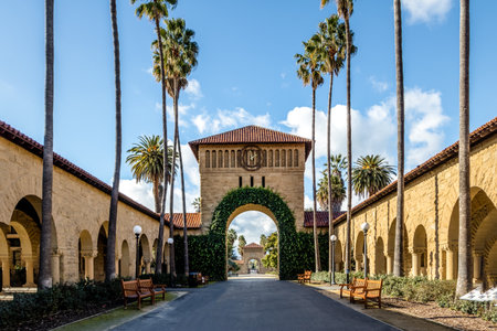 Gate to the Main Quad at Stanford University Campus - Palo Alto, California, USAのeditorial素材