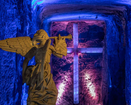 Angel statue and cross in Salt Cathedral of Zipaquira, Colombiaの写真素材
