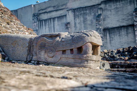 Serpent Head Sculpture in Aztec Temple (Templo Mayor) at ruins of Tenochtitlan - Mexico City, Mexicoの写真素材