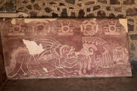 The Red Jaguar mural painting at Teotihuacan Ruins - Mexico City, Mexicoの写真素材