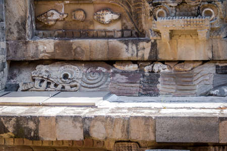 Carving details of Quetzalcoatl Pyramid at Teotihuacan Ruins - Mexico City, Mexicoの写真素材