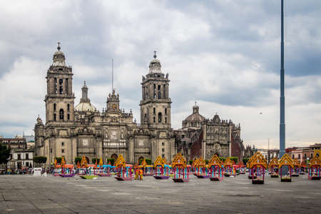 Cathedral and Zocalo decoration for the Day of the Dead - Mexico City, Mexicoの写真素材