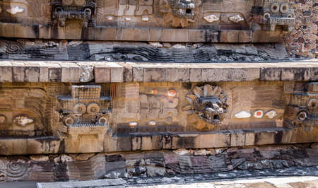 Carving details of Quetzalcoatl Pyramid at Teotihuacan Ruins - Mexico City, Mexico