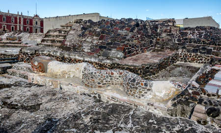 Serpent Sculpture in Aztec Temple (Templo Mayor) at ruins of Tenochtitlan - Mexico City, Mexicoの写真素材