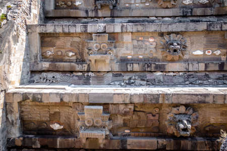 Carving details of Quetzalcoatl Pyramid at Teotihuacan Ruins - Mexico City, Mexicoの写真素材