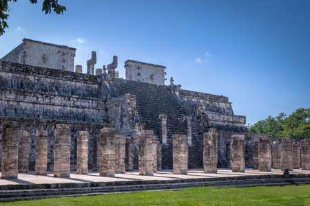 Carved columns at Mayan ruins of Temple of the Warriors in Chichen Itza - Yucatan, Mexicoの写真素材