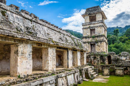 Palace and observatory at the Mayan ruins of Palenque - Chiapas, Mexicoの写真素材
