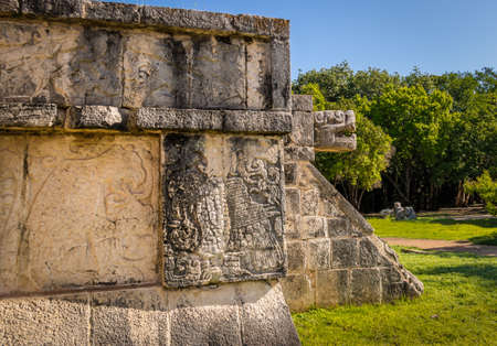 Jaguar heads of the Venus Platform at Ancient Maya Ruins of Chichen Itza - Yucatan, Mexicoの写真素材