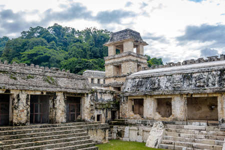 Palace and observatory at the Mayan ruins of Palenque - Chiapas, Mexicoの写真素材