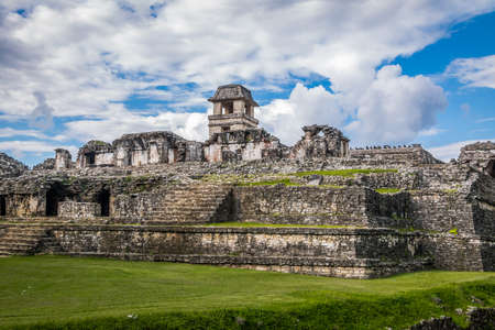 Palace and observatory at the Mayan ruins of Palenque - Chiapas, Mexicoの写真素材