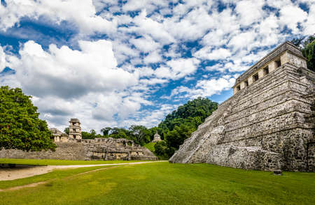 Main pyramid and Palace at Mayan ruins of Palenque - Chiapas, Mexicoの写真素材