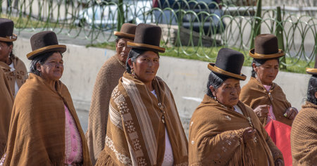 Traditional Women (Cholitas) in Typical Clothes During 1st of May Labor Day Parade - La Paz, Boliviaのeditorial素材