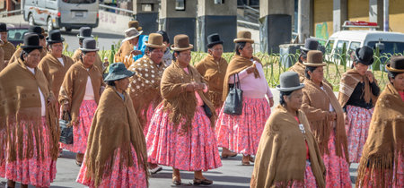 Traditional Women (Cholitas) in Typical Clothes During 1st of May Labor Day Parade - La Paz, Boliviaのeditorial素材