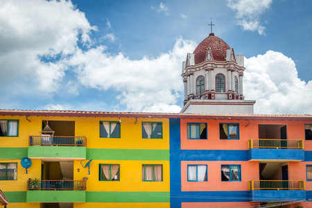 Colorful houses and church - Guatape, Colombiaのeditorial素材