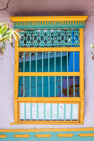 Colorful wooden window - Guatape City, Colombiaの写真素材