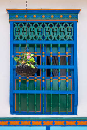 Colorful wooden window - Guatape City, Colombiaの写真素材