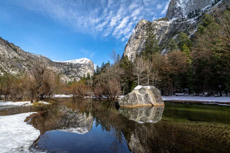 Mirror Lake at winter - Yosemite National Park, California, USAの写真素材