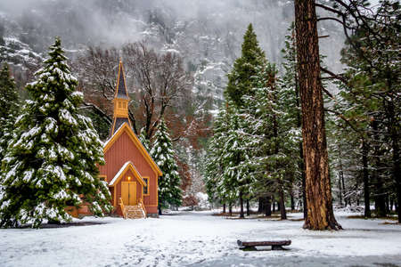 Yosemite Valley Chapel at winter - Yosemite National Park, California, USAの写真素材