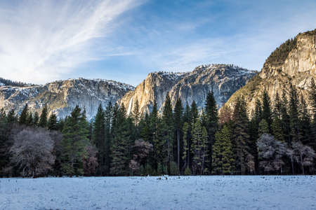 Yosemite Valley with Upper Yosemite Falls during winter - Yosemite National Park, California, USAの写真素材