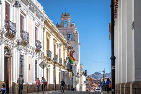 Downtown Street with La Merced Church on Background - Sucre, Boliviaのeditorial素材