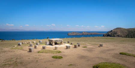 Old Inca Stone Ceremonial Table at Isla del Sol on Titicaca Lake - Boliviaの写真素材