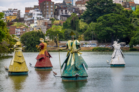 Oshun, Shango, and Oxossi Oxala Orixas Statues of Candomble traditional African saints in Dique do Tororo - Salvador, Bahia, Brazilのeditorial素材
