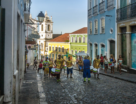 Brazilian drumming group on the streets of Pelourinho - Salvador, Bahia, Brazilのeditorial素材