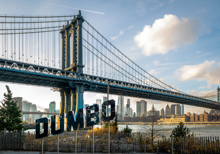 Manhattan Bridge and DUMBO sign - New York, USAのeditorial素材