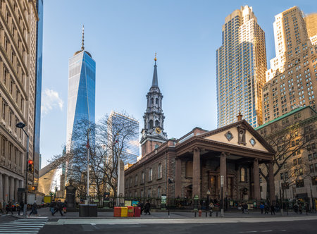 St. Pauls Chapel and One World Trade Center at Lower Manhattan - New York City, USAのeditorial素材