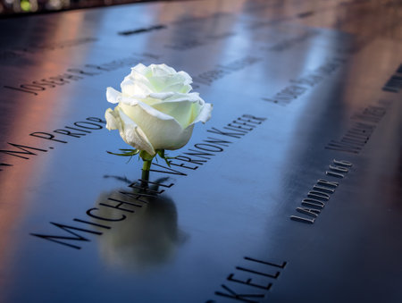 Birthday white rose left near name of the victim engraved on bronze parapet of 9/11 Memorial at Ground Zero World Trade Center - New York City, USAのeditorial素材