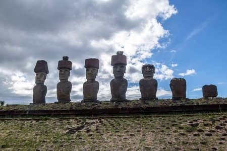 Moai Statues of Ahu Nau Nau wearing topknots near Anakena Beach - Easter Island, Chileの写真素材