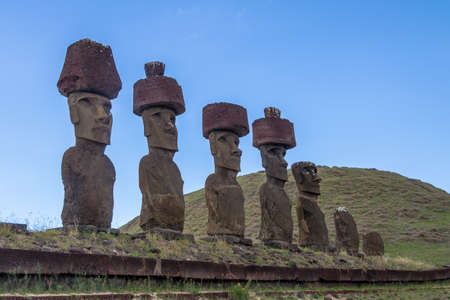 Moai Statues of Ahu Nau Nau wearing topknots near Anakena Beach - Easter Island, Chileの写真素材